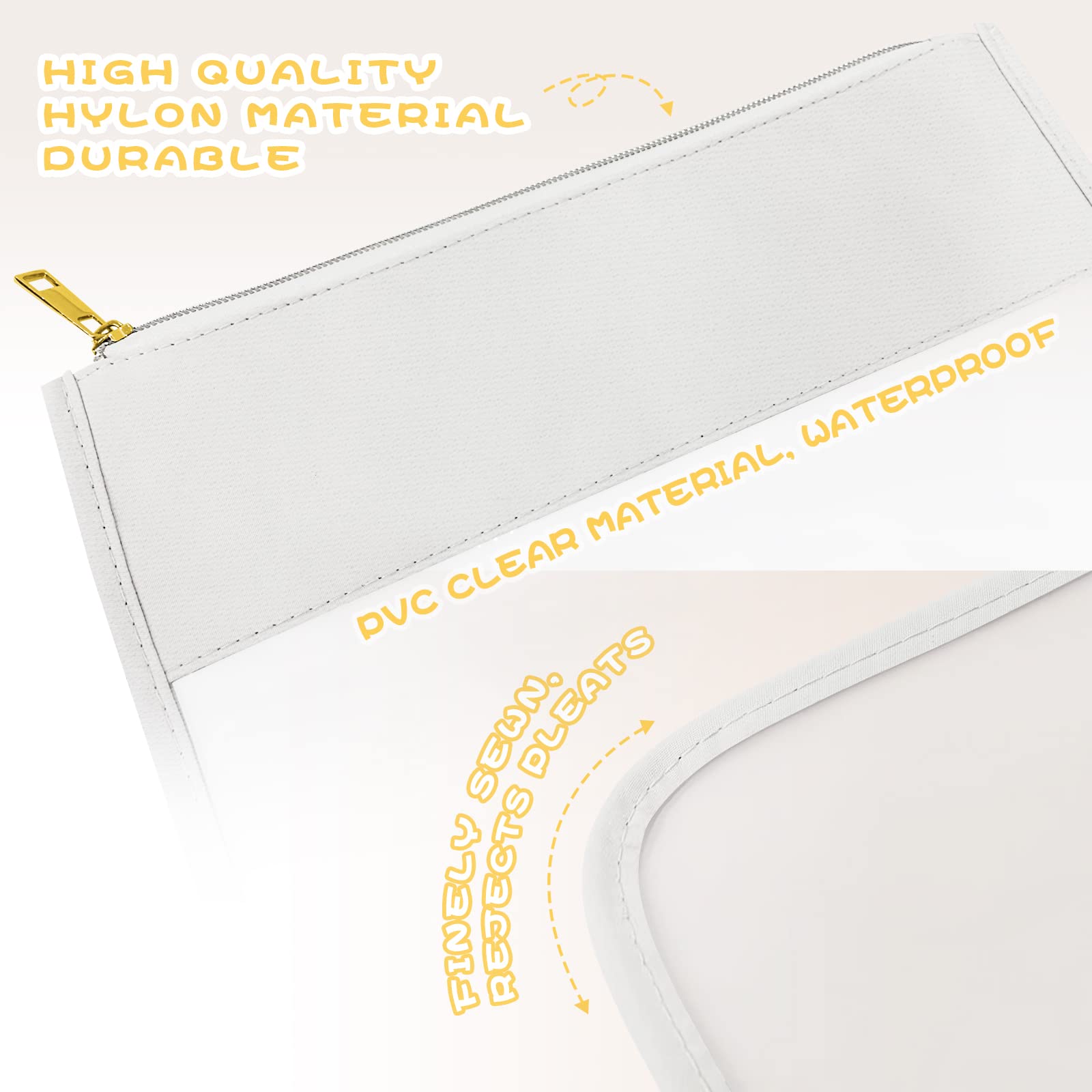 LOKFAR Nylon Makeup Bag DIY Chenille Letter Clear Travel Zipper Pouch, Preppy Makeup Bag Clear Cosmetic Bag, Water-proof Makeup Travel Pouch Snack Bags for Women (White)