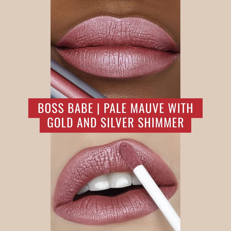 Runway Rogue Pearl Glam Long Wear Shimmer Liquid Lipstick, Pale Mauve Lipstick with Silver and Gold Shimmer, ‘Boss Babe’