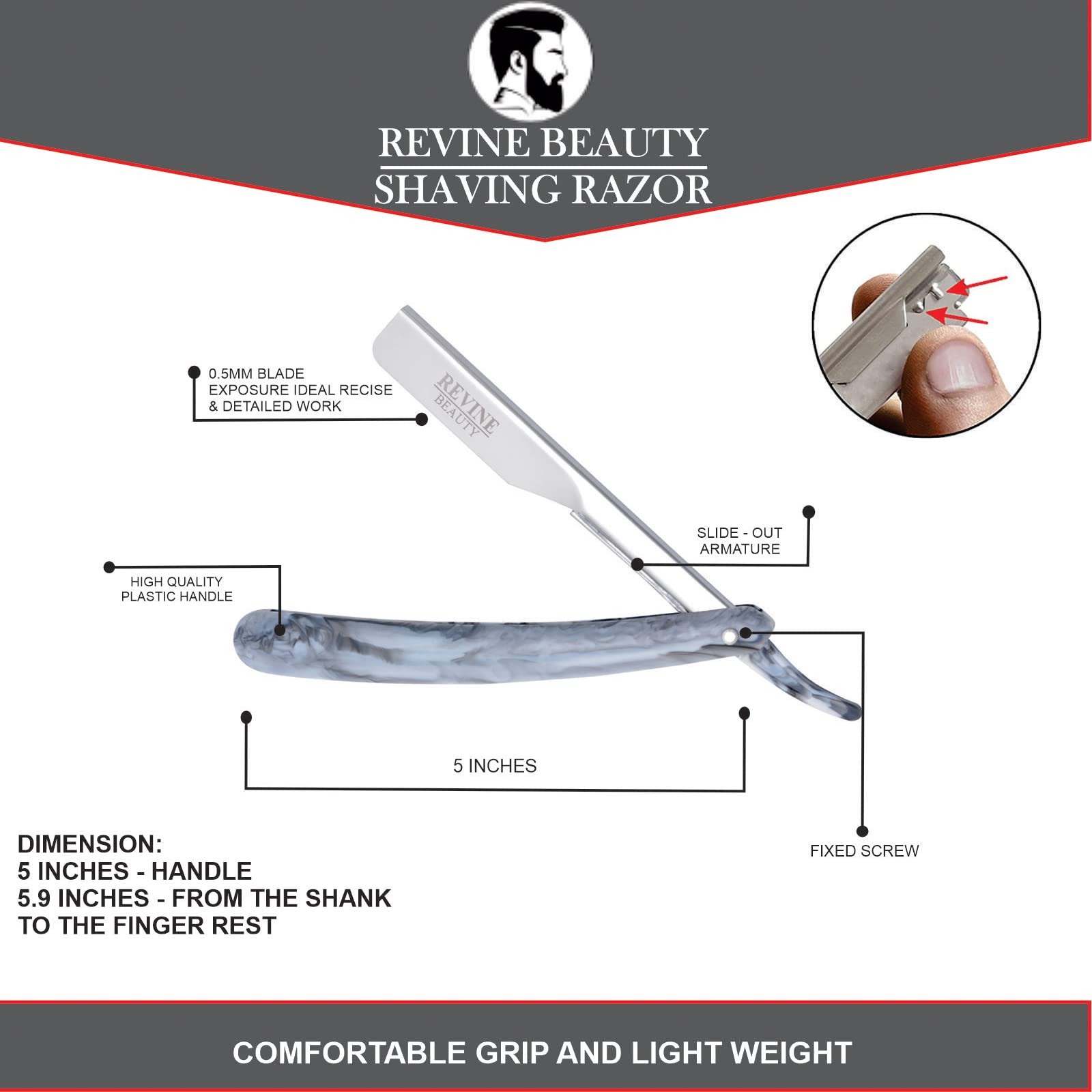 REVINE BEAUTY Barber Straight Razor - Professional Cut throat Premium Quality Plastic Handle Shaving Razor, 10 Double Edge Blades Kit By Revine Beauty (Silver)