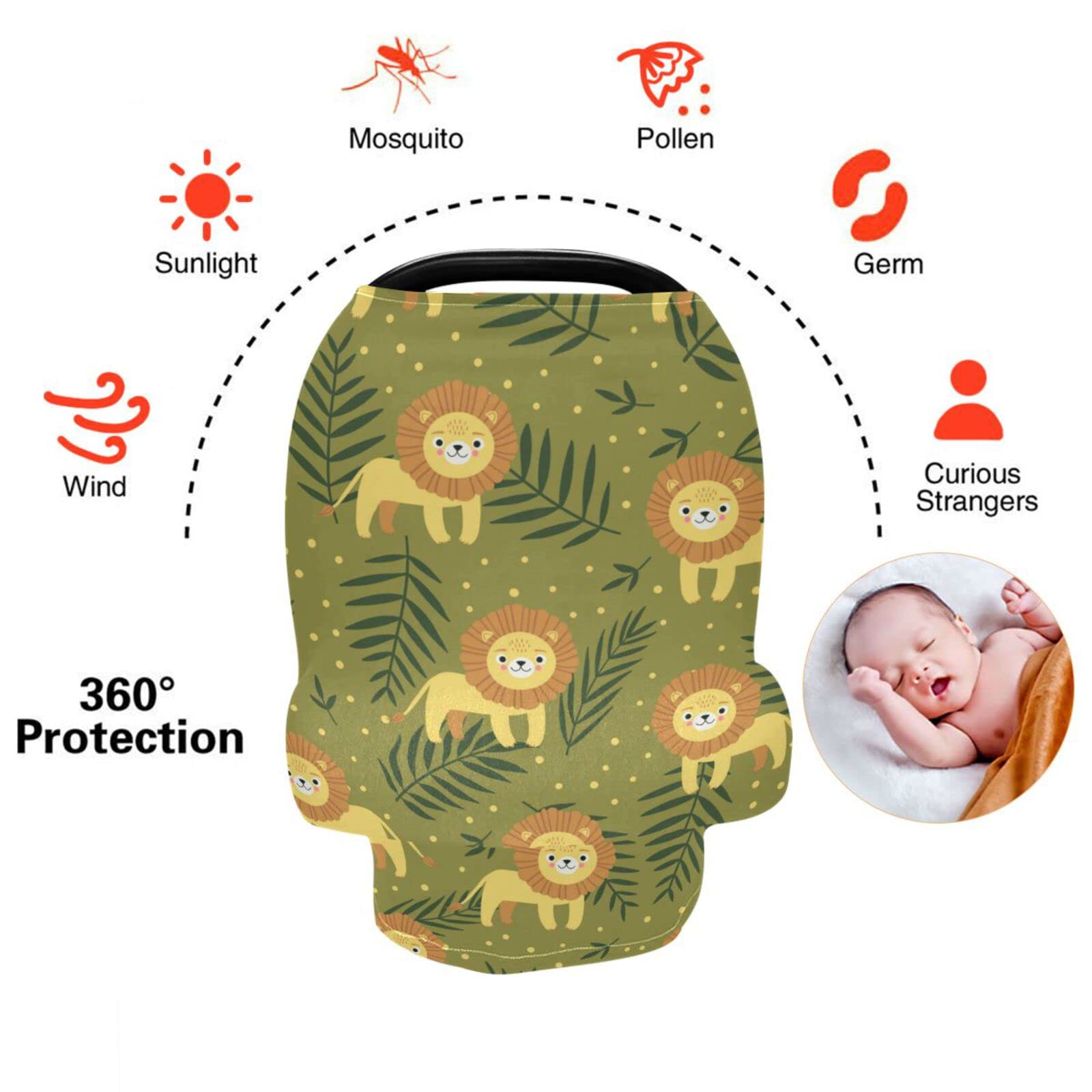 Kigai Soft Baby Car Seat Covers Cute Lion Cartoon Green Canopy for Infants Strollers Canopies for Newborns Babies Nursing Apron Cover for Breastfeeding