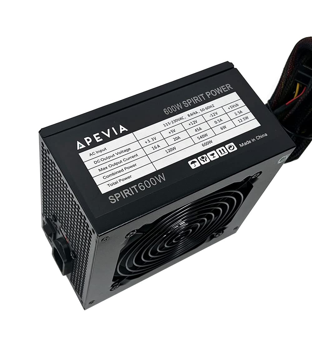 Apevia SPIRIT600W Spirit 600W ATX Power Supply with Auto-Thermally Controlled 120mm Fan, 115/230V Switch, All Protections