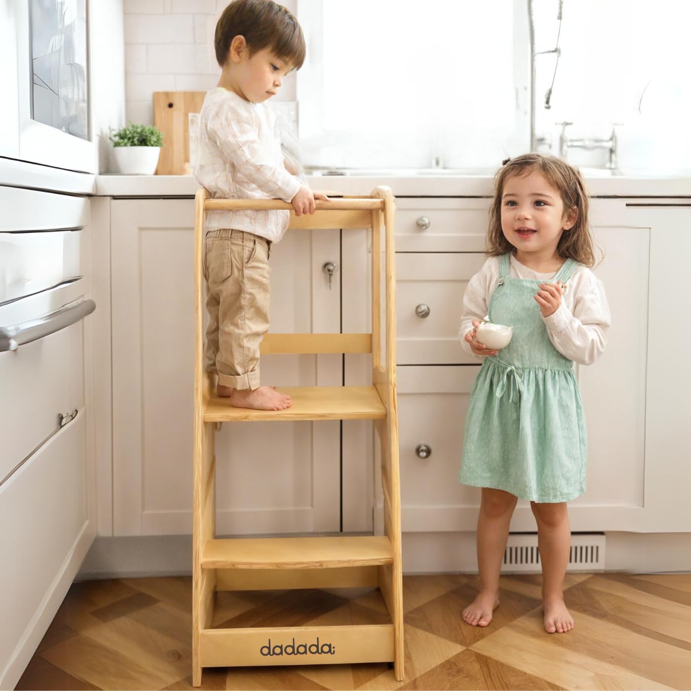 dadada Toddler Tower - Kids Step Stool with Safety Rail - Adjustable Montessori Step Stool for Kids - Toddler Learning Tower with Protection - Kitchen Toddler Step Stool - Natural