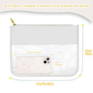 LOKFAR Nylon Makeup Bag DIY Chenille Letter Clear Travel Zipper Pouch, Preppy Makeup Bag Clear Cosmetic Bag, Water-proof Makeup Travel Pouch Snack Bags for Women (White)