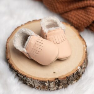 BirdRock Baby Sherpa Moccasins - Cozy, Genuine Leather Winter Shoes for Boys and Girls (Desert Rose, US 6.5)