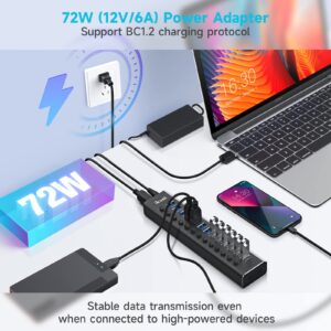 Powered USB Hub, ikuai 13 Port Aluminum USB 3.0 Hub with 72W (12V/6A) Power Adapter, Individual On/Off Switches, USB Splitter for MacBook PC Laptop and More