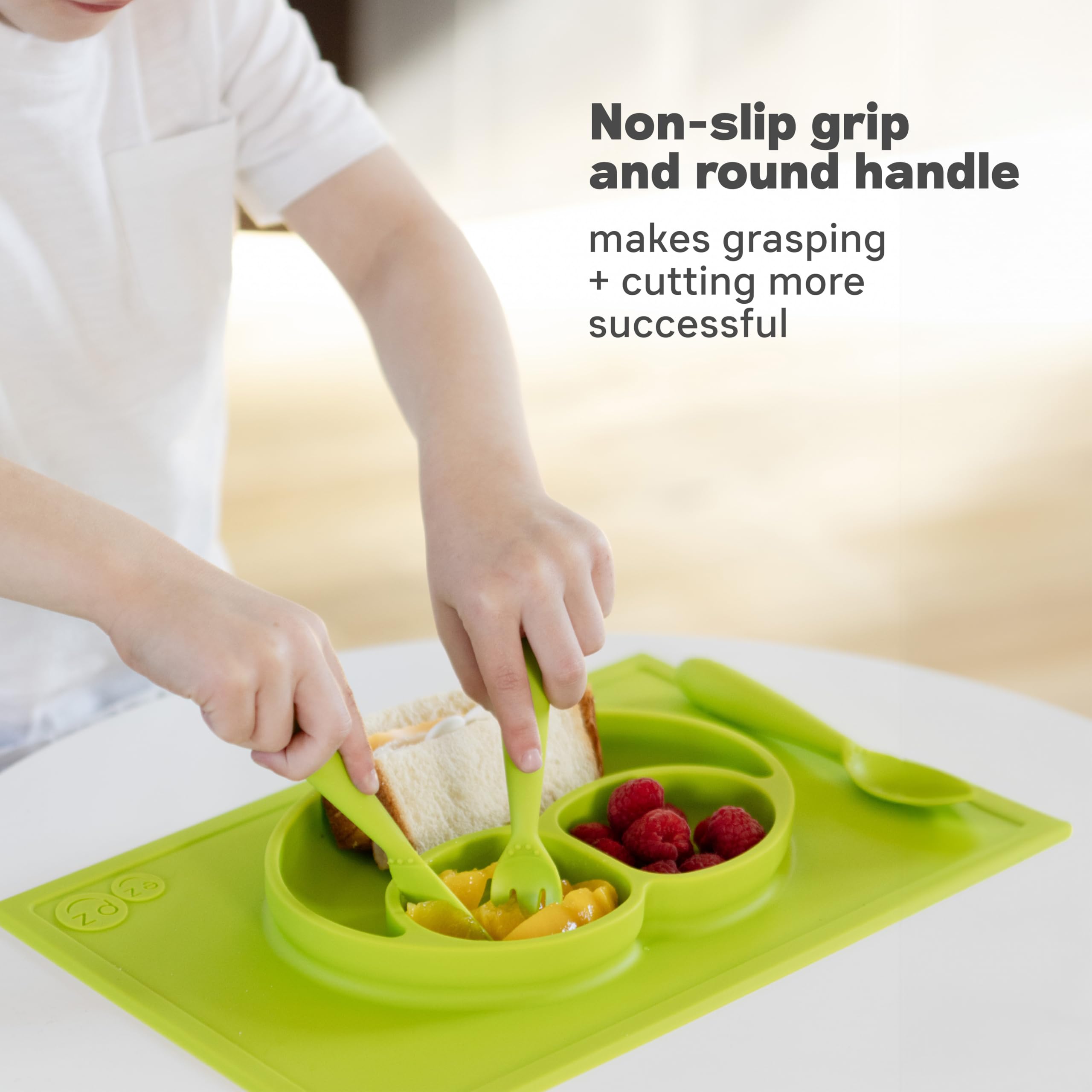 ezpz Happy Utensils - 24 Months+ (Coral) - BPA Free Toddler Utensils - Fork, Spoon and Knife for Toddlers and Preschoolers - Kids Utensils for Self-Feeding Development