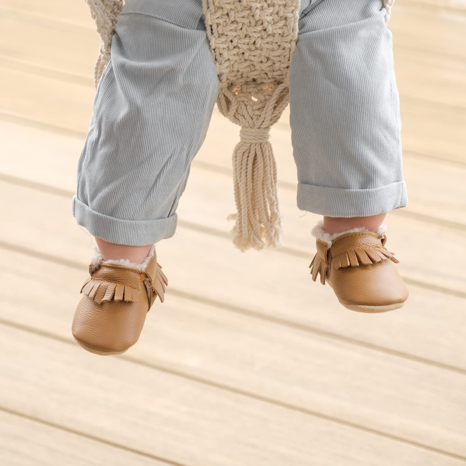 BirdRock Baby Sherpa Moccasins - Cozy, Genuine Leather Winter Shoes for Boys and Girls (Desert Rose, US 6.5)