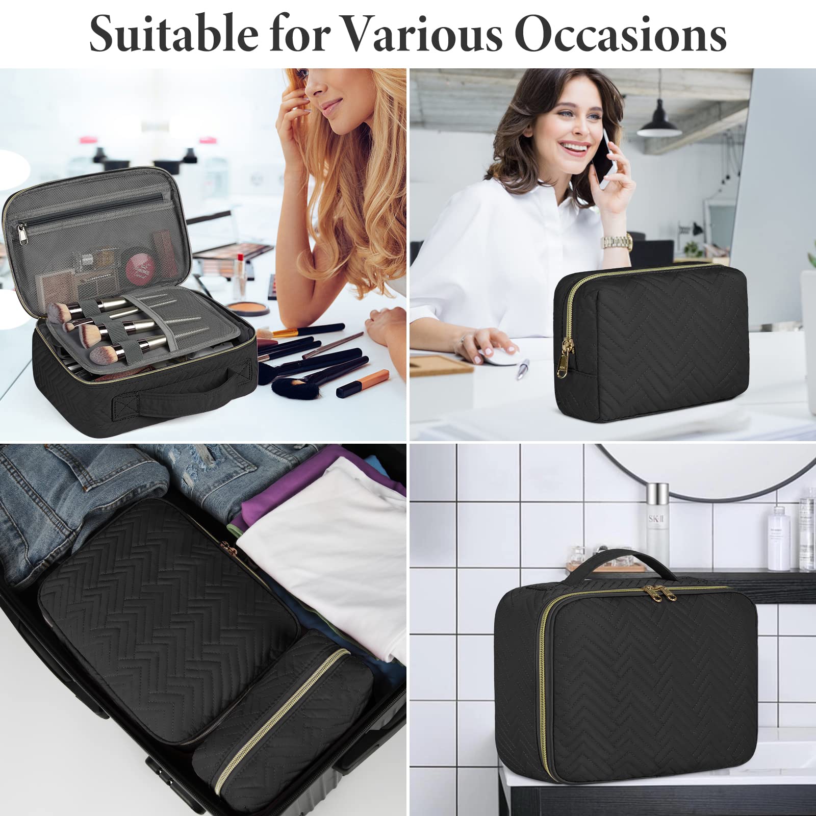 Makeup Bag 2pcs Waterproof Cosmetic Bag Travel Makeup Bag Set Portable Large Makeup Organizer Storage Bag Travel Toiletry Bag Multifunction Makeup Pouch Make Up Bag for Women and Girls, Black