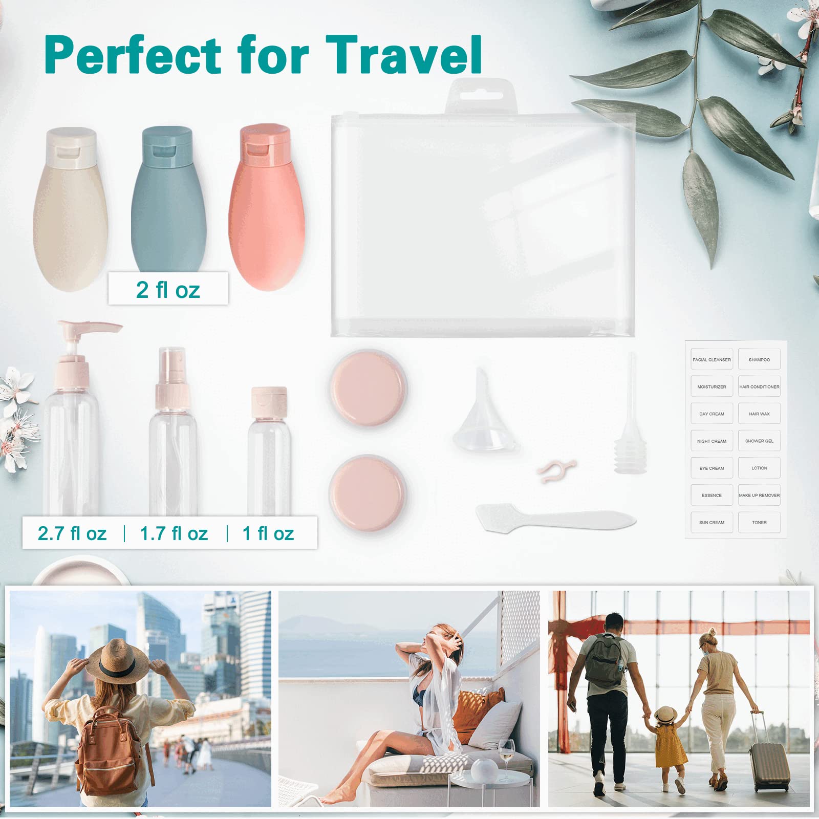 ZGDZ Reusable Travel Size Toiletry Bottles Leakproof Travel Skincare Containers Kit TSA Approved Carry on Airplane Essentials Accessories Shampoo Conditioner Sub-Bottling Set Refillable Quart Bag