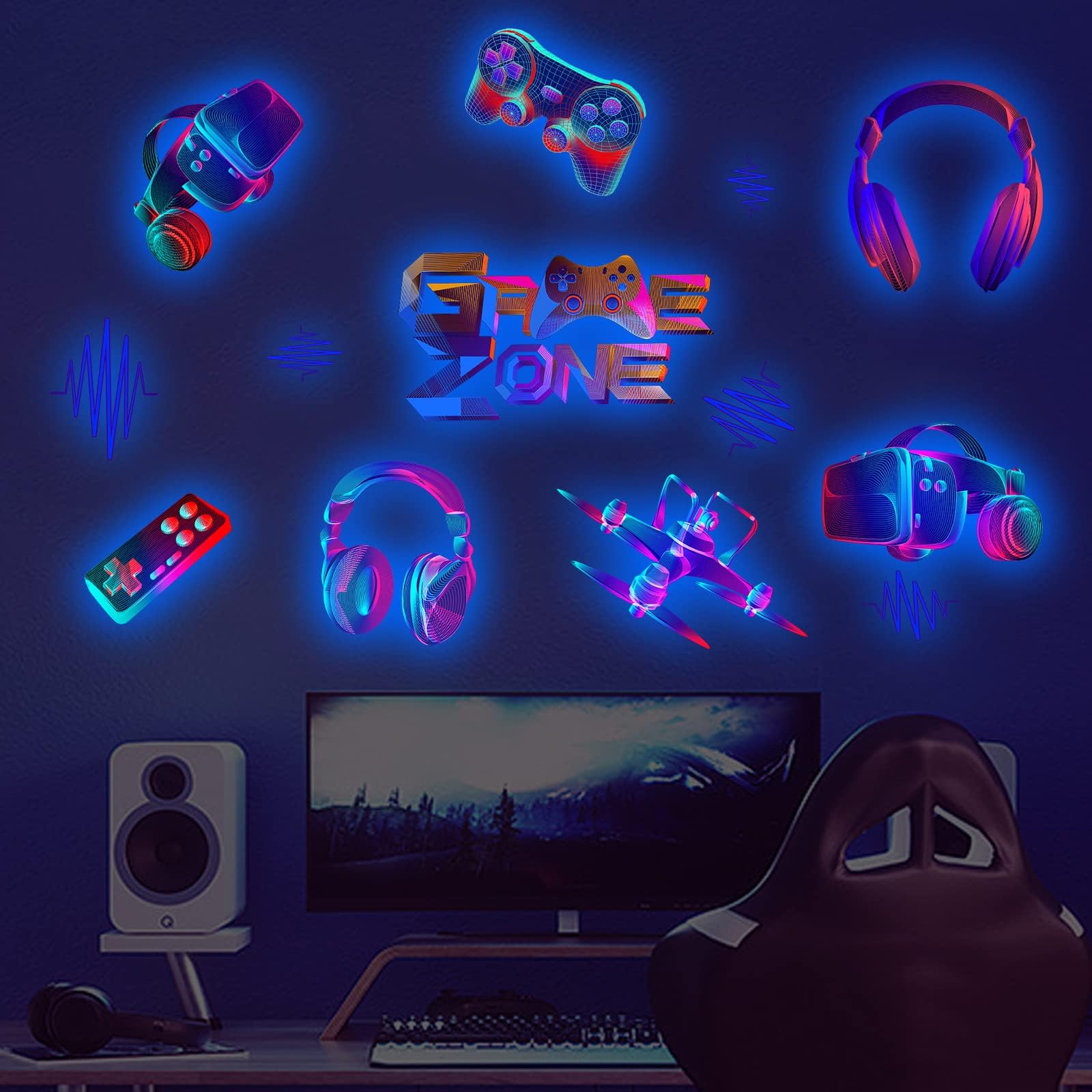 3D Glow in The Dark Game Wall Decals Gaming Wall Stickers Blue Luminous Game Room Decor Glow Gaming Controller Sticker Removable Video Game Wall Decor for Boys Kids Girls Bedroom Playroom Home Decor