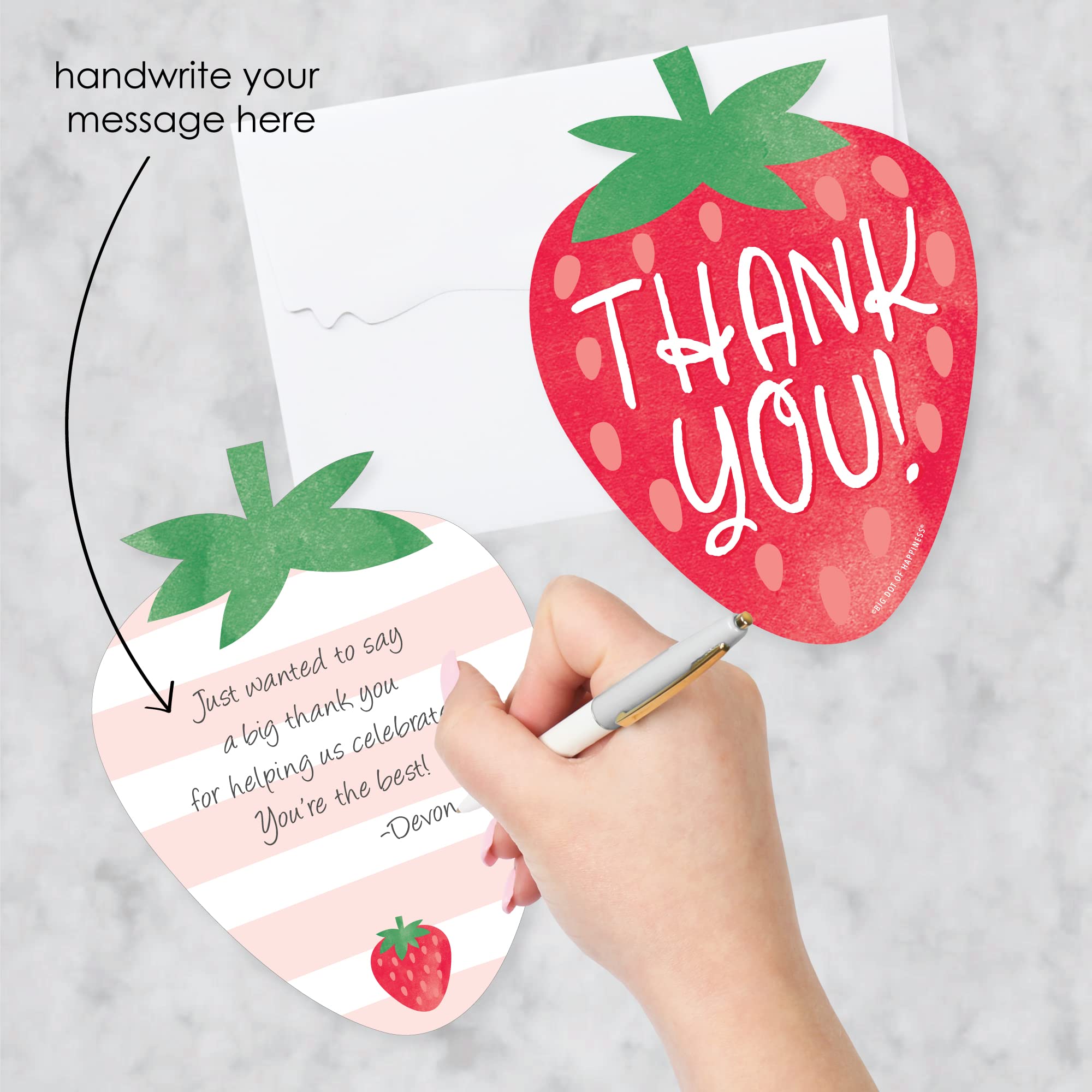 Big Dot of Happiness Berry Sweet Strawberry - Shaped Thank You Cards - Fruit Themed Birthday Party or Baby Shower Thank You Note Cards with Envelopes - Set of 12