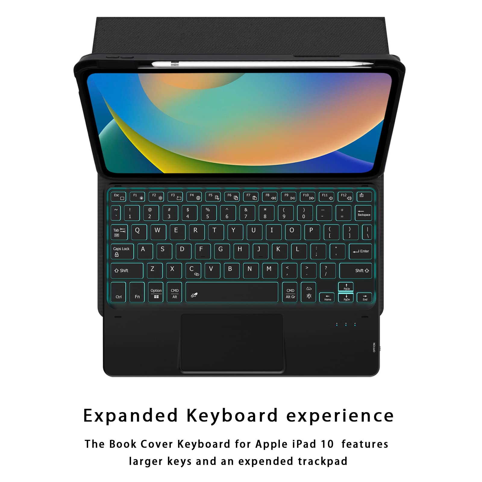 HEAPAO Touchpad iPad 10th Generation Case with Keyboard (10.9", 2022) - 7 Color Backlight, Multi-Touch Trackpad, Detachable Keyboard, Flip Stand Case with Pencil Holder for New iPad 10th 2022, Black