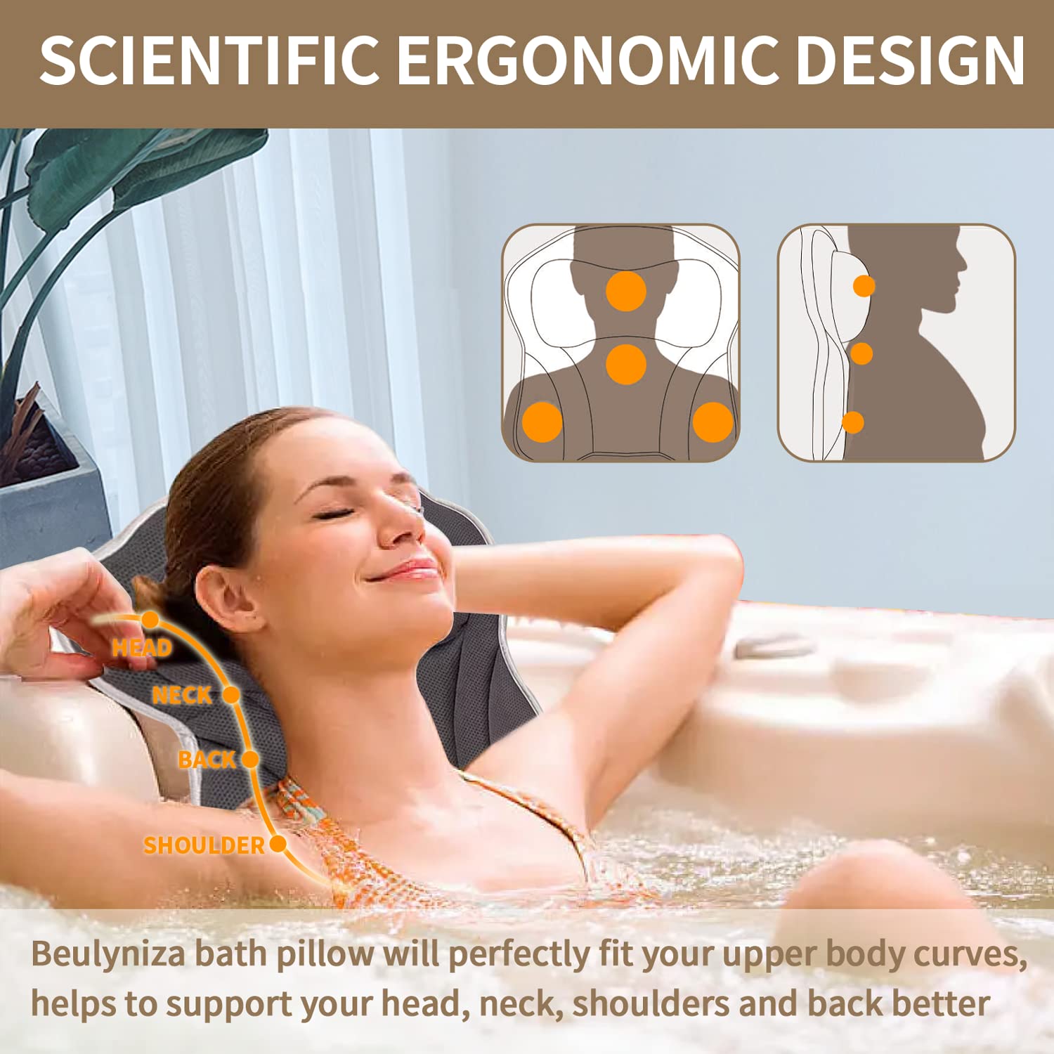 Bath Pillow - Ergonomic Bath Pillows for Tub Neck and Back Support, Bathtub Pillow with Powerful Suction Cups, Quick Dry & Ultra Soft 4D Mesh Tub Pillow for Bath, Bath Cushion