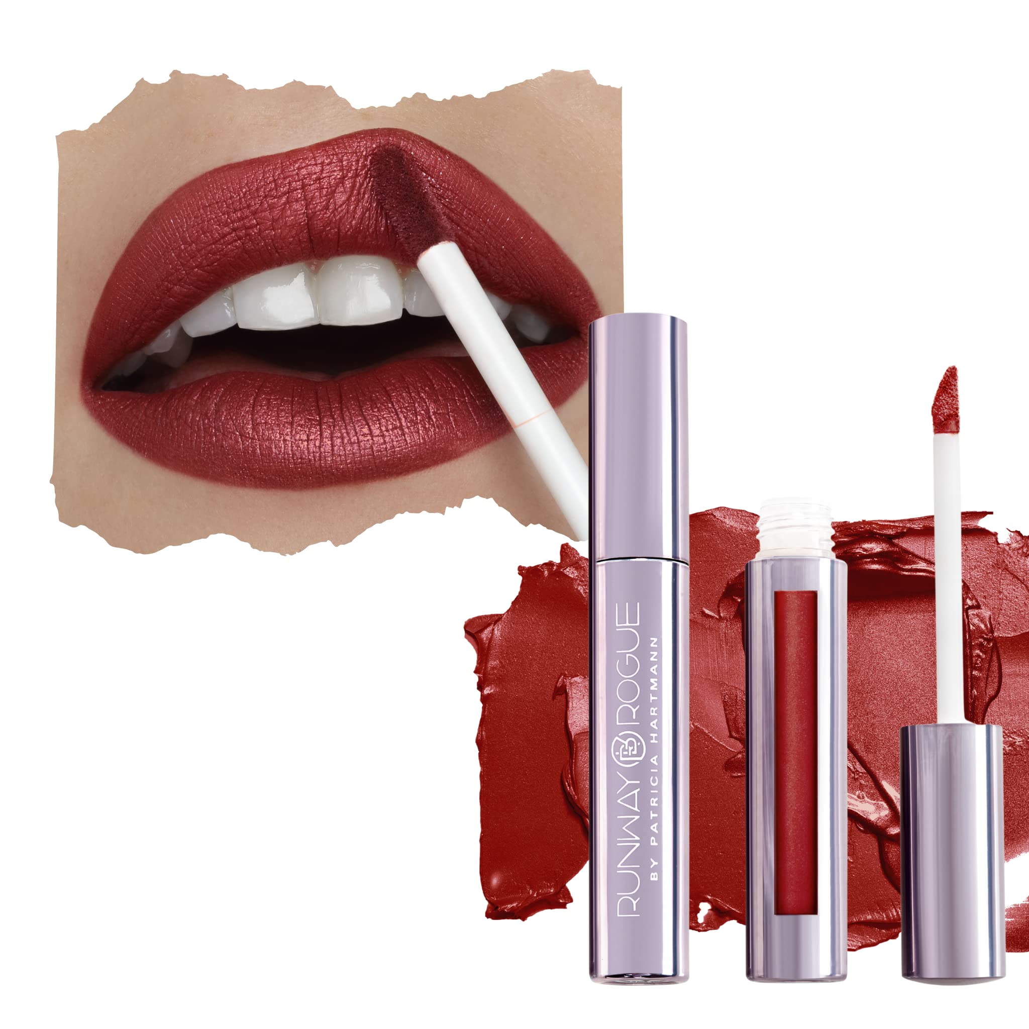 Runway Rogue Pearl Glam Long Wear Shimmer Liquid Lipstick, Warm Brick-Red Lipstick with Silver and Gold Shimmer, ‘Showtime’