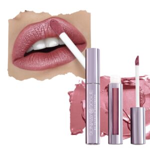 runway rogue pearl glam long wear shimmer liquid lipstick, pale mauve lipstick with silver and gold shimmer, ‘boss babe’