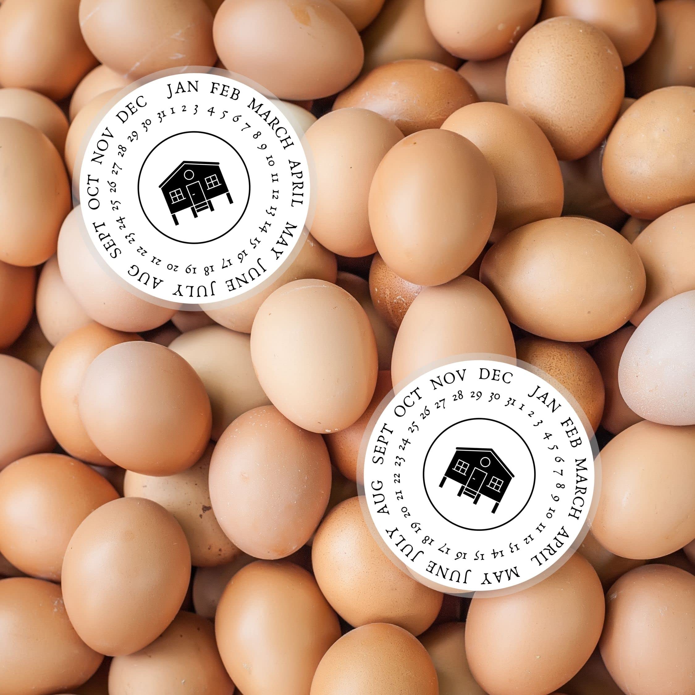 Eggs Laid On Date Stickers | 350 Pc Roll | 2" Round Stickers | Farm Fresh Stickers | Egg Carton Stickers | White with Chicken Coop Design