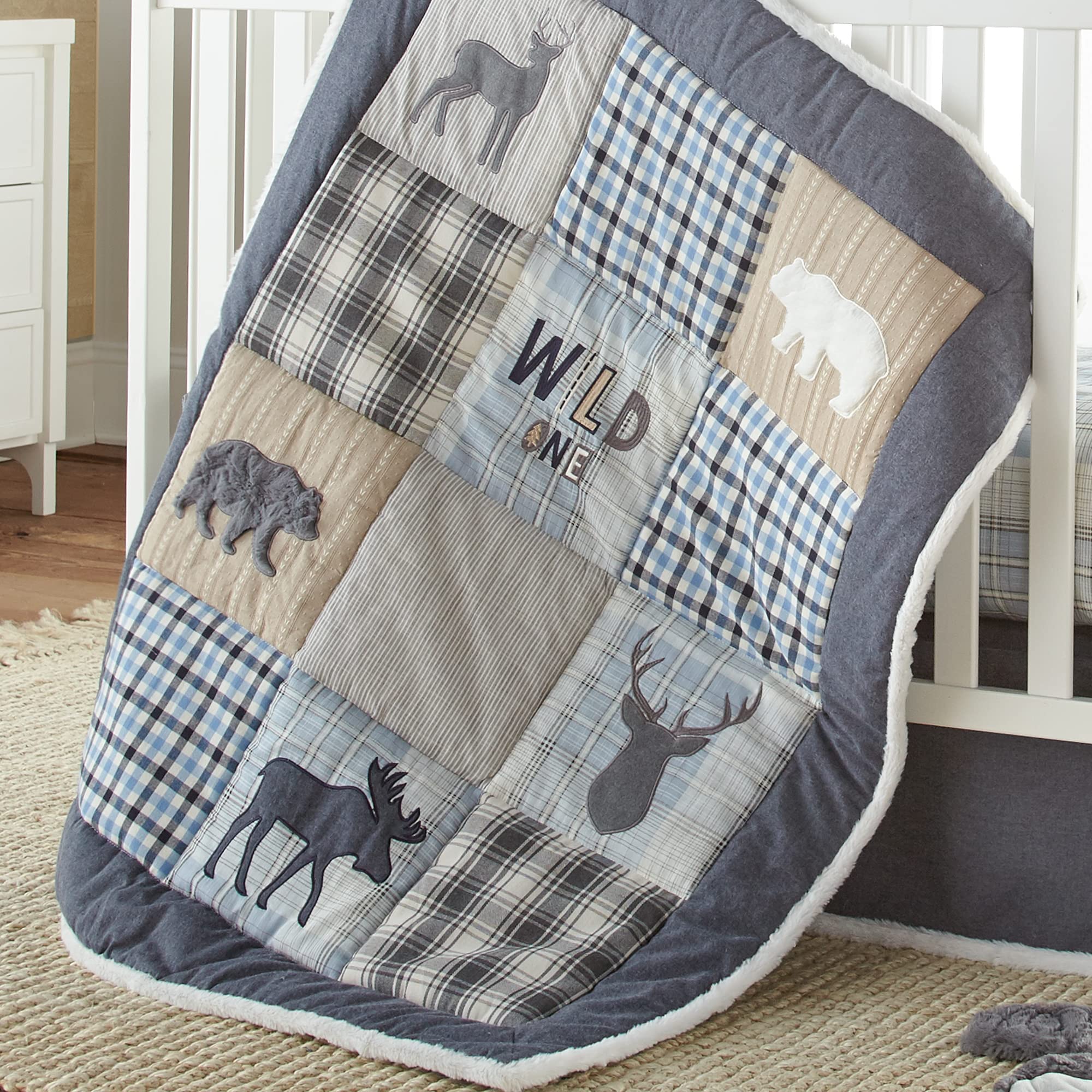 Levtex Baby - Logan Crib Bed Set - Baby Nursery Set - Navy Grey White Blue Taupe Blue - Deers, Bears and Moose - 4 Piece Set Includes Quilt, Fitted Sheet, Wall Decal & Skirt/Dust Ruffle