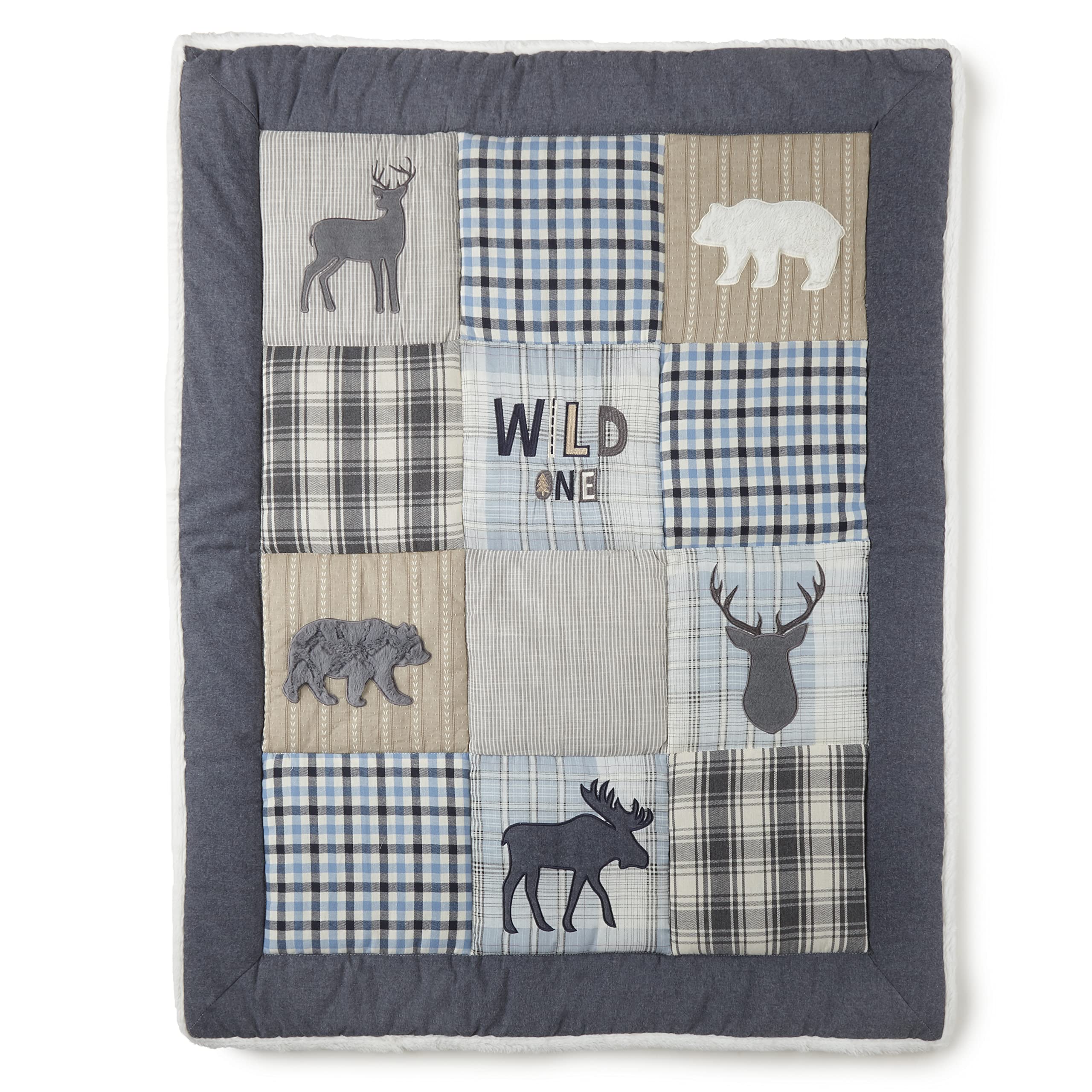 Levtex Baby - Logan Crib Bed Set - Baby Nursery Set - Navy Grey White Blue Taupe Blue - Deers, Bears and Moose - 4 Piece Set Includes Quilt, Fitted Sheet, Wall Decal & Skirt/Dust Ruffle