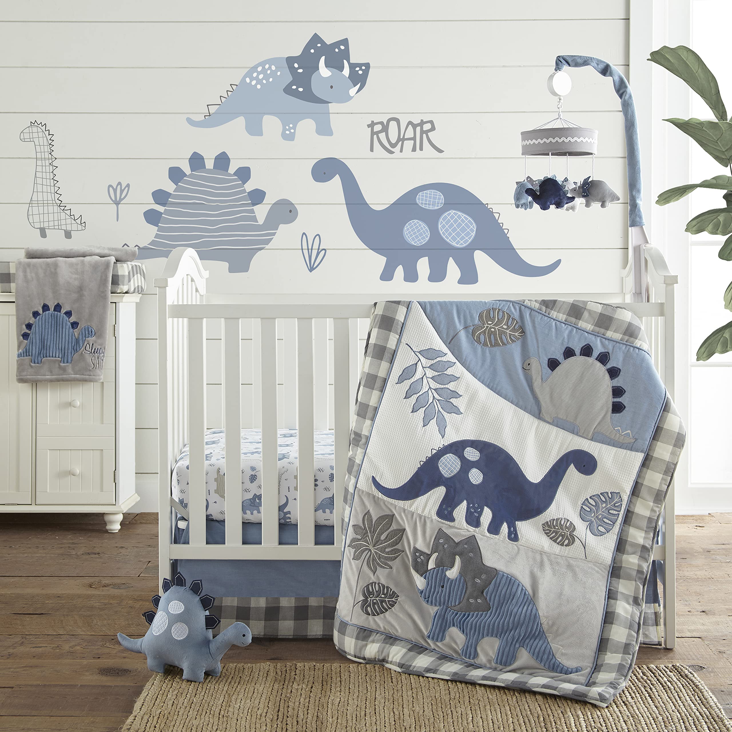 Levtex Baby - Kipton Musical Rotating Baby Crib Mobile - Plush Dinosaurs - Grey, Blue, Navy, White - Nursery Accessories