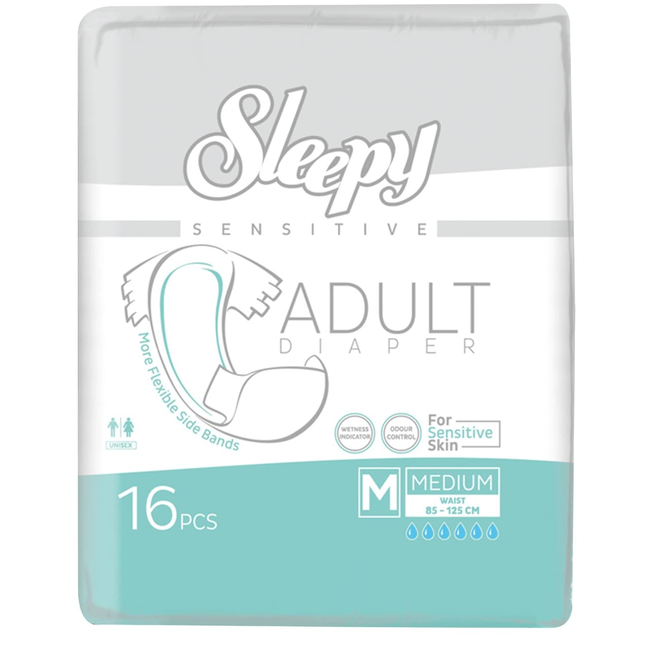 Sleepy Adult Diapers, Unisex for Sensitive Skin, Odour Control, Wetness Indicator, Comfortable &Adjustable, Maximum Absorbency & Leak Protection, Medium- 85-125 cm,Count-16PCs|SOHO