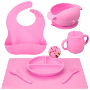 Cibeat Baby Feeding Utensils Set, 7 Pcs Silicone Toddler Eating Supplies - Adjustable Bibs, Suction Divided Plate, Placemat, Suction Bowls, Straw Sippy Cup, Etc - Baby Led Weaning Supplies