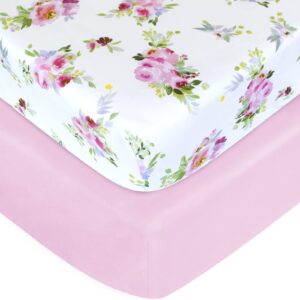 crib sheets girls 2 pack floral, fitted crib sheet for standard size crib and toddler mattresses, soft and breathable material, floral