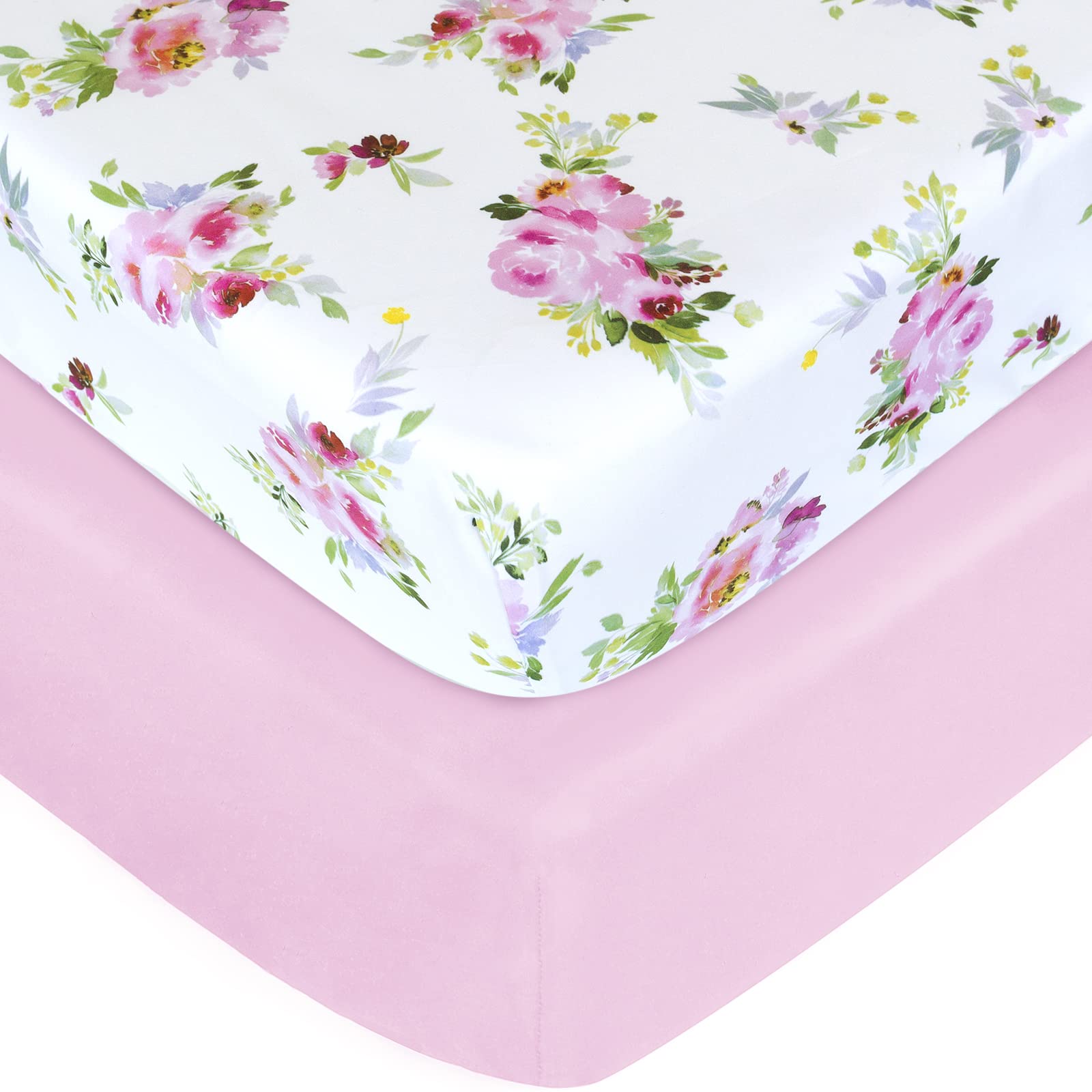 Crib Sheets Girls 2 Pack Floral, Fitted Crib Sheet for Standard Size Crib and Toddler Mattresses, Soft and Breathable Material, Floral