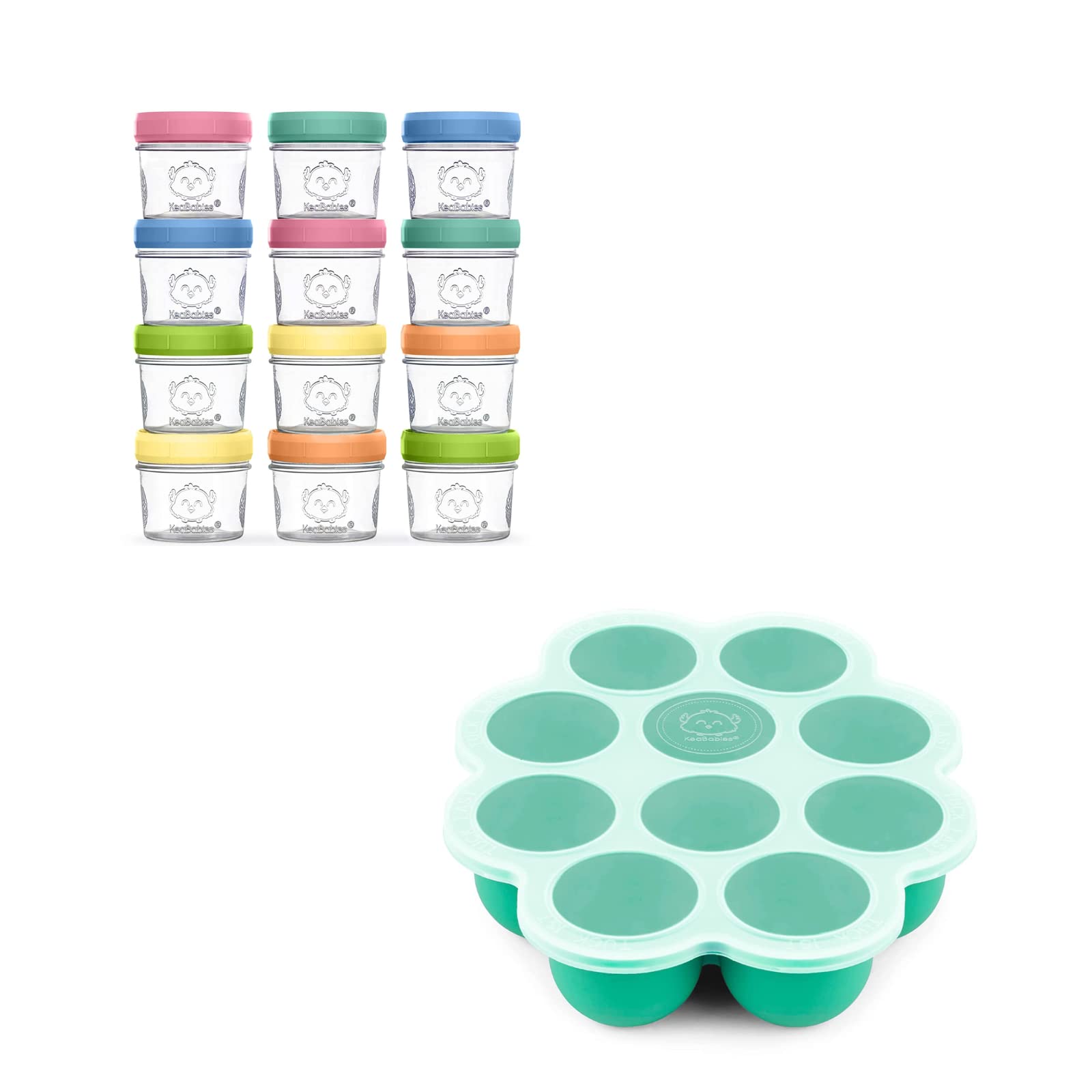 Keababies 12-Pack Baby Food Glass Containers and Silicone Baby Food Freezer Tray with Clip-on Lid - 4 oz Leak-Proof, Microwavable, Baby Food Storage Container - Baby Food Silicone Freezer Molds