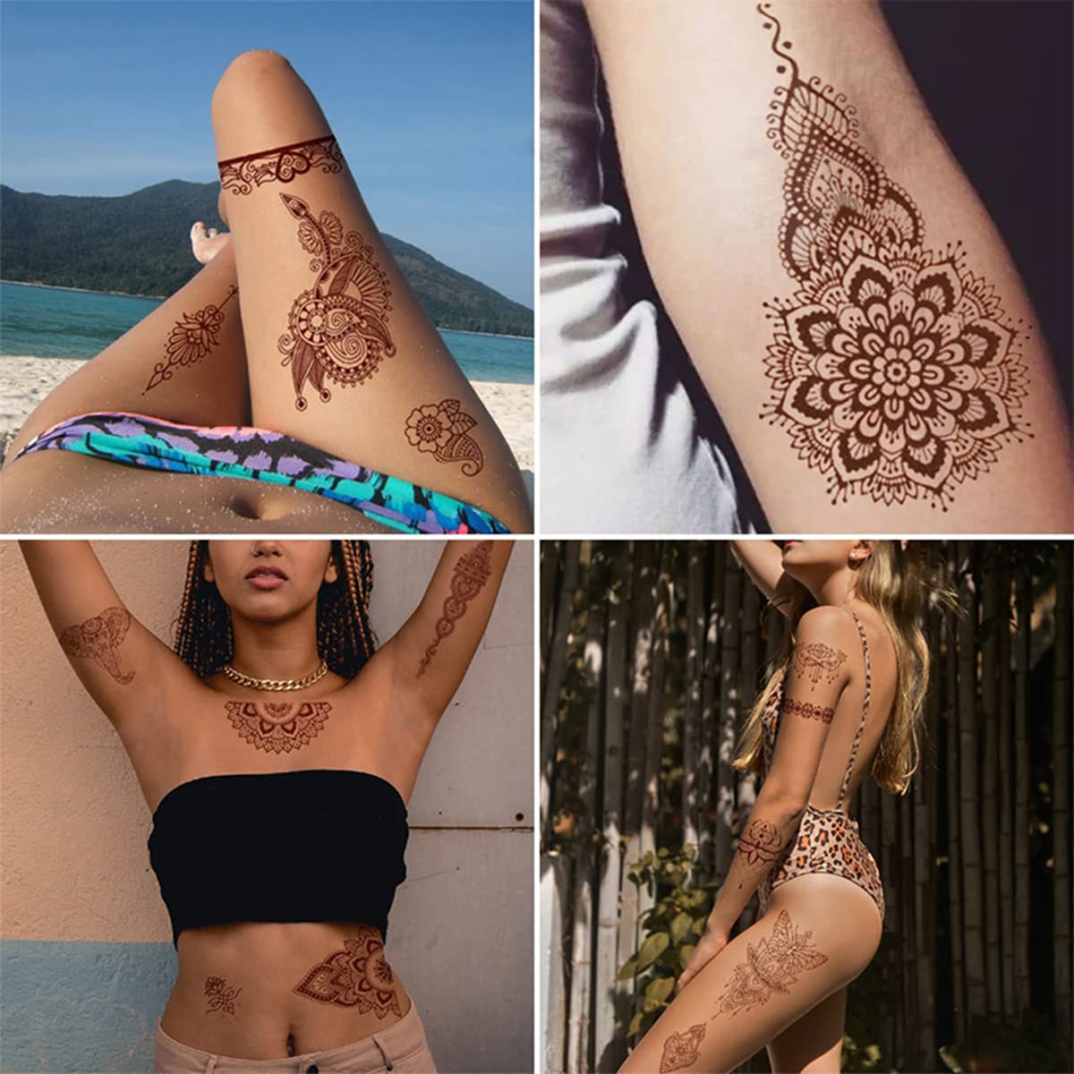 6 Sheets Henna Tattoos Brown Henna Temporary Tattoo Stickers Sexy Lace Waterproof Removable Fake Tattoos Luxury Mandala Flower Design Body Decals for Women Birthday DIY Body Face Party Supplies Favors