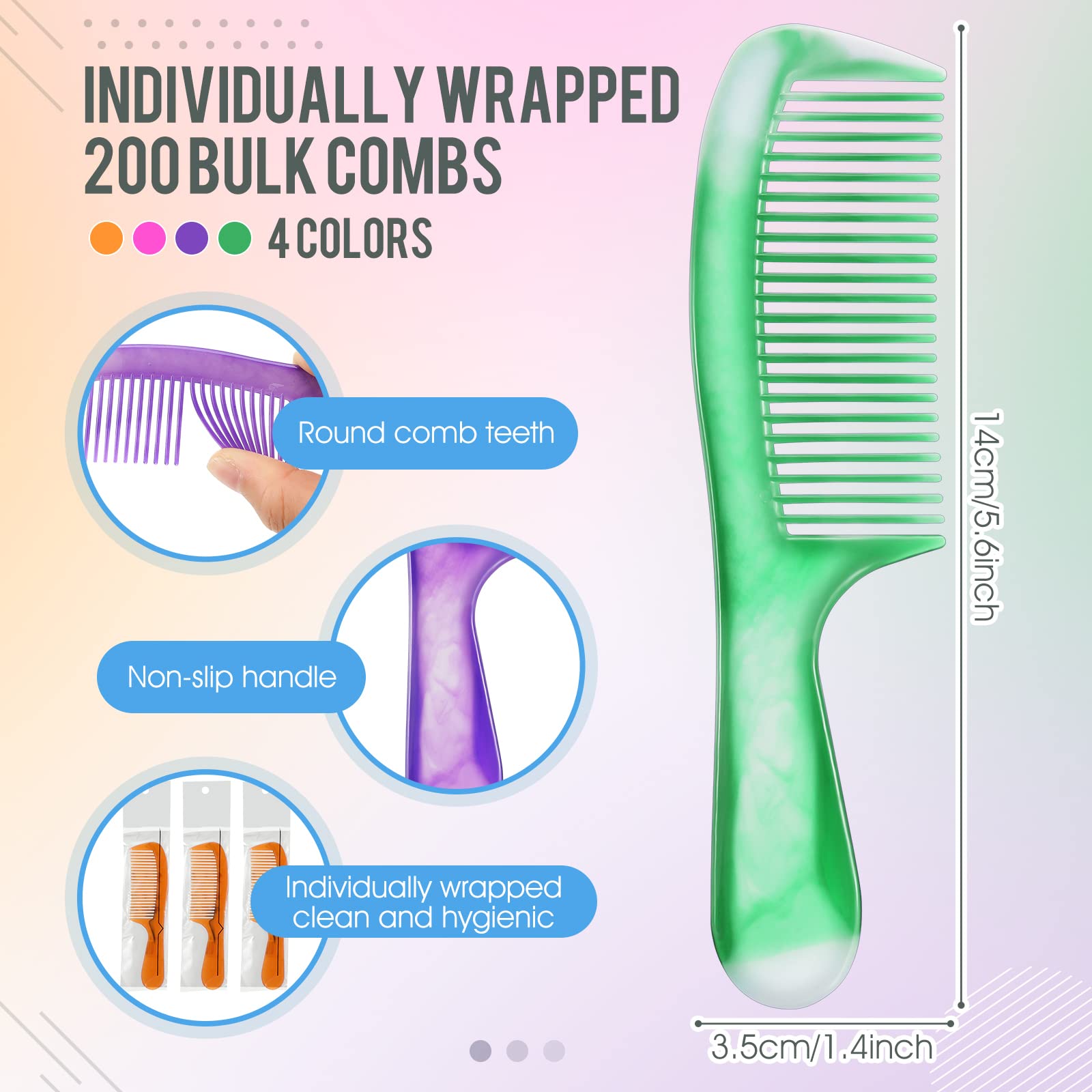 200 Pcs Individually Wrapped Hair Combs Disposable Hair Combs Set Colorful Hair Combs Bulk for Hotel Shelter Homeless Nursing Home Charity Church, 4 Styles