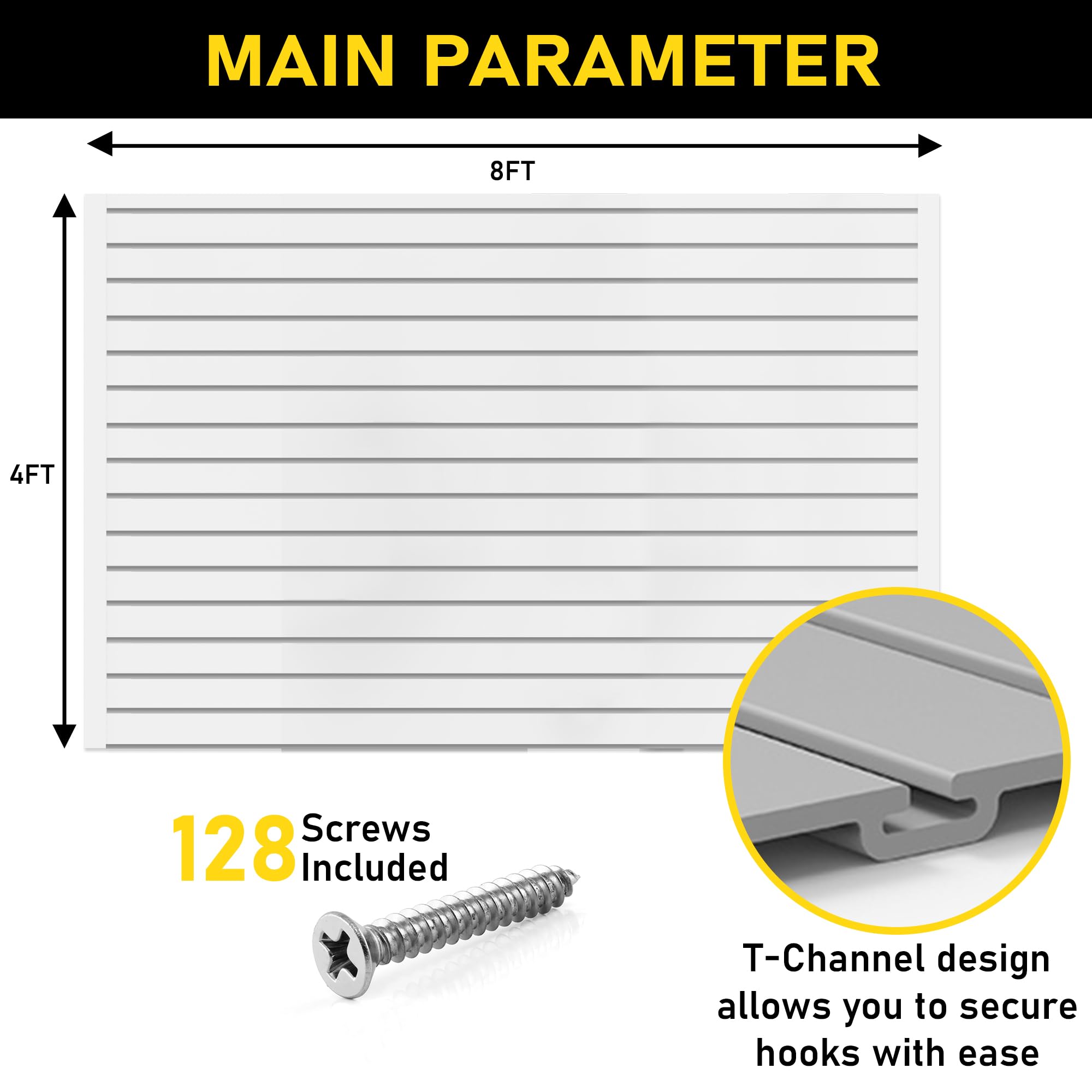 4'H x 8'W Slatwall Panel Garage Wall Organizer: Heavy Duty Wall Mounted PVC Wall Rack, Interlocking Slat Wall Paneling for Garage Wall Storage, Slatwall Board or Slatwall Shelves System - White