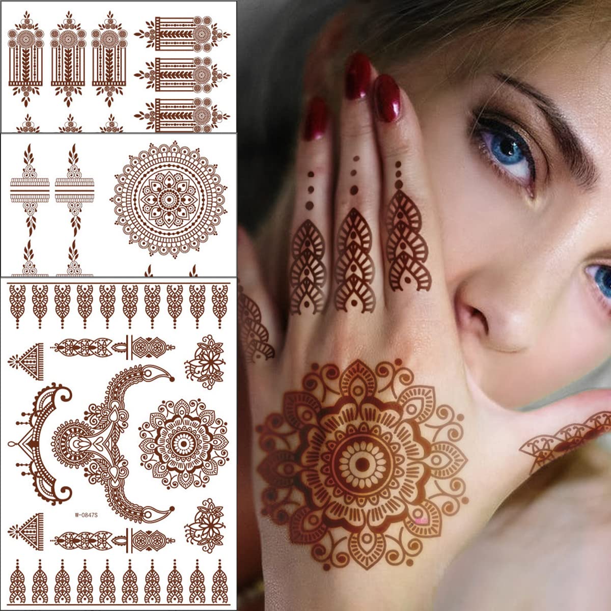 6 Sheets Henna Tattoos Brown Henna Temporary Tattoo Stickers Sexy Lace Waterproof Removable Fake Tattoos Luxury Mandala Flower Design Body Decals for Women Birthday DIY Body Face Party Supplies Favors