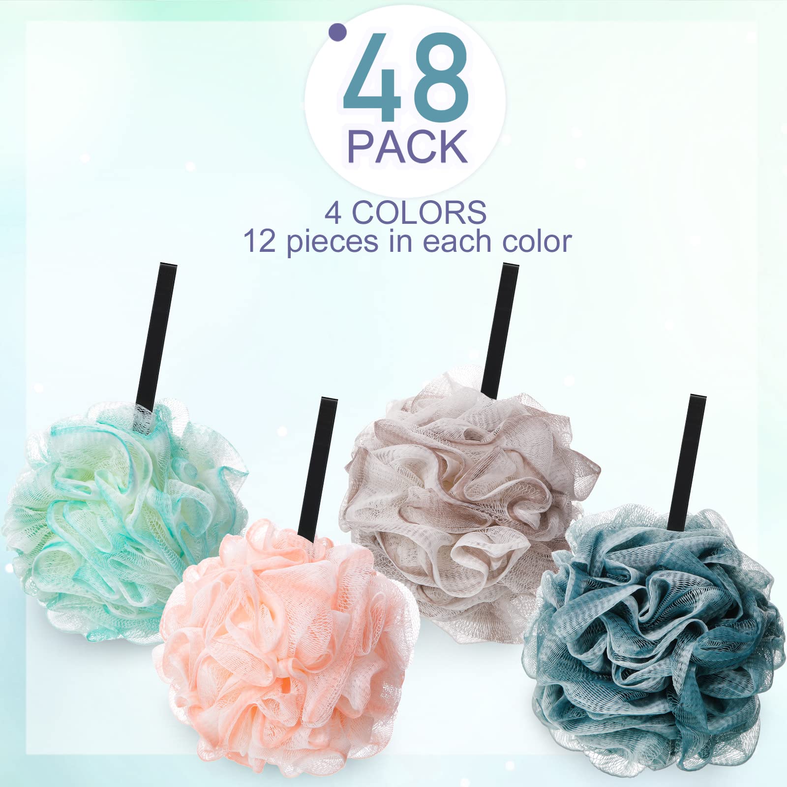 48 Pack Bath Sponge Shower Loofahs Bulk 50g Soft Net Body Scrubber Sponge Ball Body Shower Puff Mesh Pouf Bath Scrunchies Body Wash Puff for Men and Women Exfoliating Shower Pouf Balls (Classic Color)