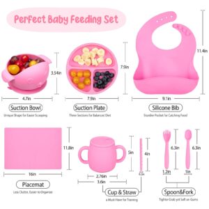 Cibeat Baby Feeding Utensils Set, 7 Pcs Silicone Toddler Eating Supplies - Adjustable Bibs, Suction Divided Plate, Placemat, Suction Bowls, Straw Sippy Cup, Etc - Baby Led Weaning Supplies