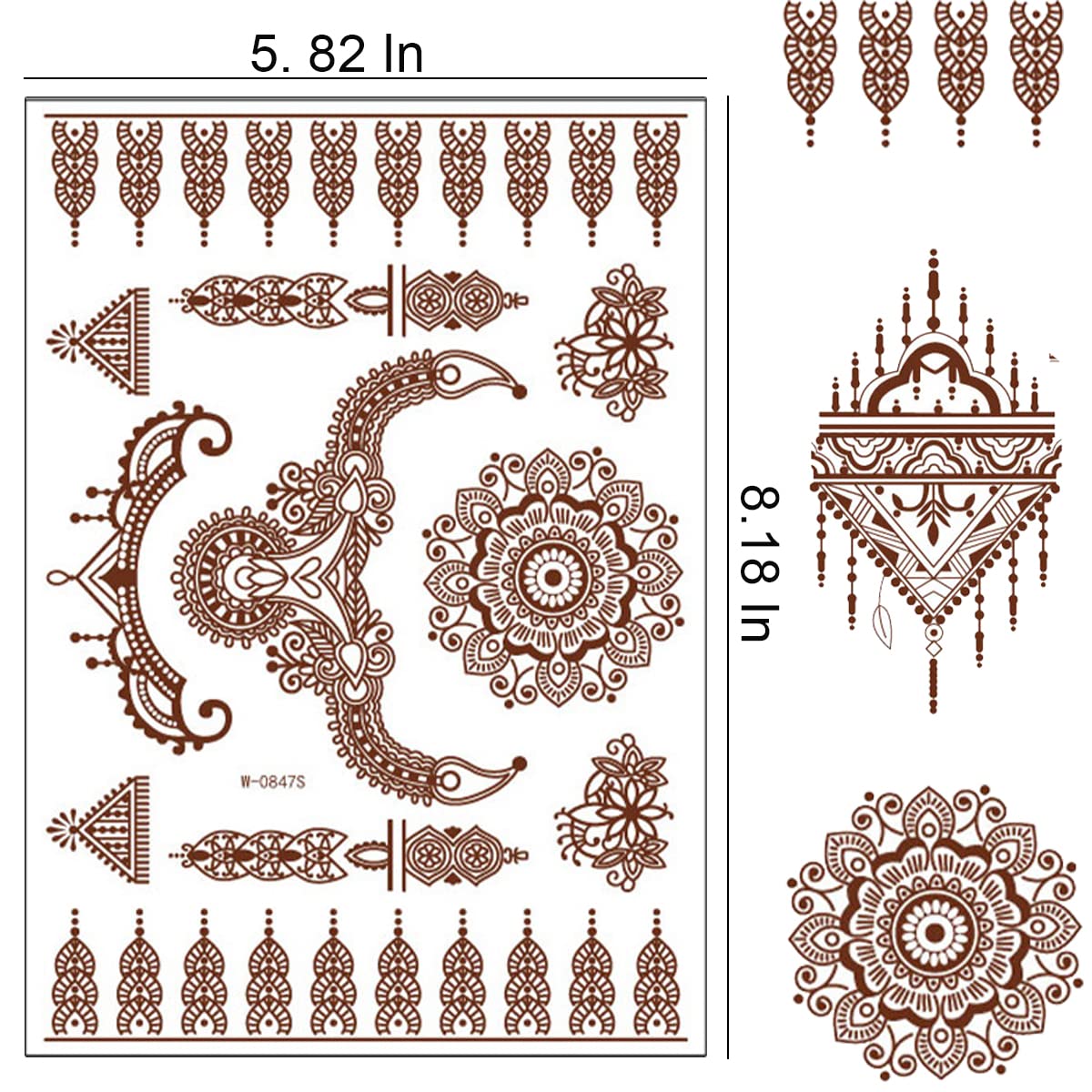 6 Sheets Henna Tattoos Brown Henna Temporary Tattoo Stickers Sexy Lace Waterproof Removable Fake Tattoos Luxury Mandala Flower Design Body Decals for Women Birthday DIY Body Face Party Supplies Favors