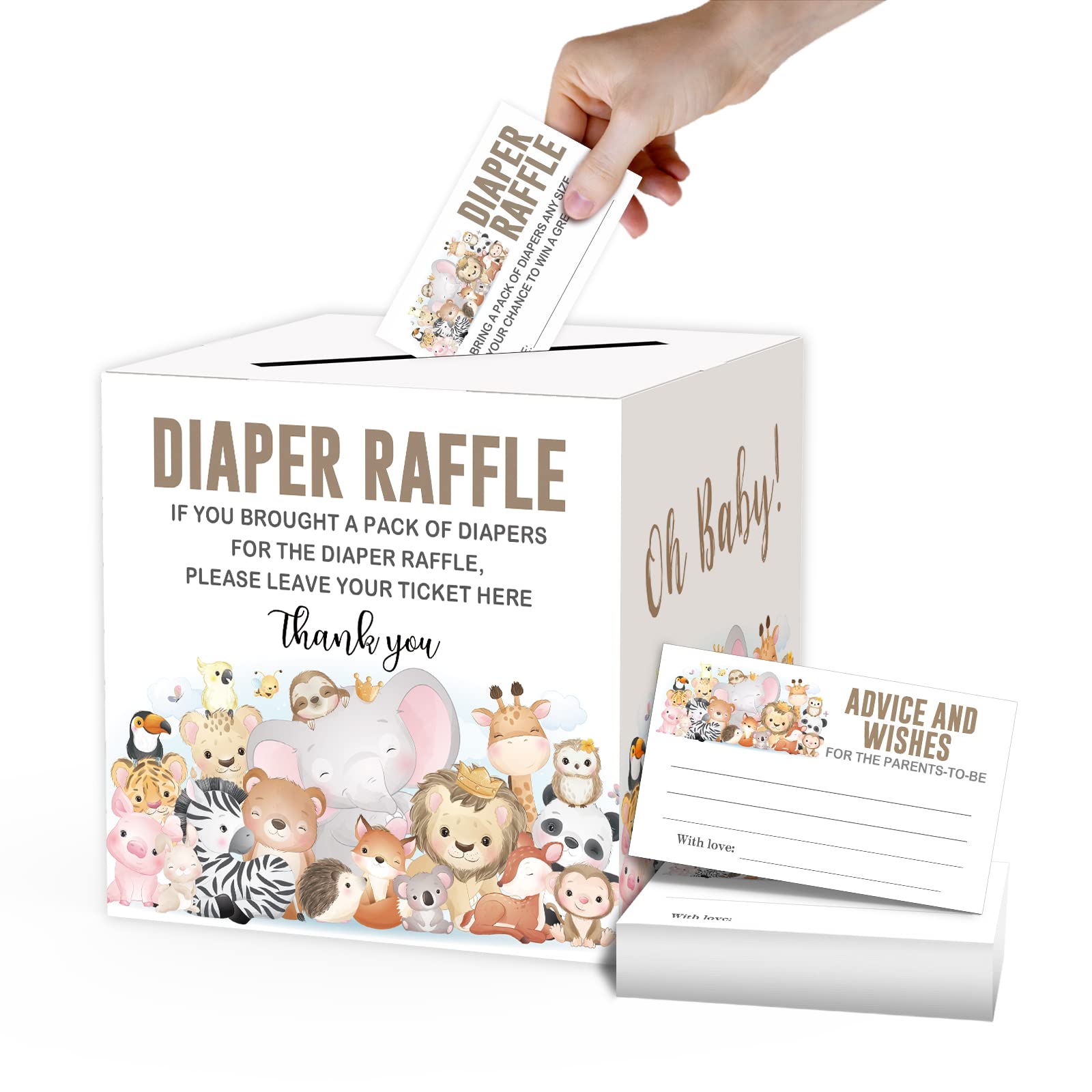 mermermu Diaper Raffle Tickets and Advice Cards For Baby Shower - 1 Card Collection Box & 50 Tickets, Animal Baby Shower Card Box, Party FavorsDecorationsSupplies, Game Kit, 8" Card Box -005BOX