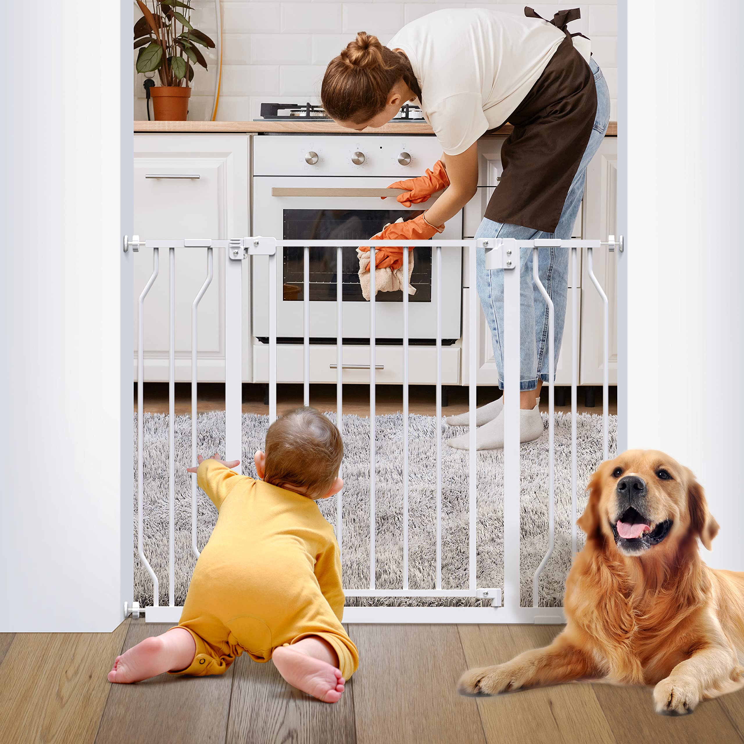 Ciays Baby Gate 29.5” to 41.3”, 30-in Height Extra Wide Dog Gate for Stairs, Doorways and House, Auto-Close Safety Metal Pet Gate for Dogs with Alarm, Pressure Mounted, White