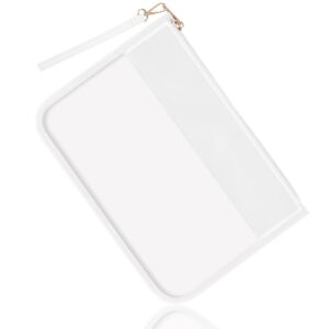 izuzta clear pvc flat pouch, pu travel makeup bag clear zipper pouch with wristlet, diy chenille letter bag waterproof portable clear travel toiletry bag cosmetic pouch for women girls (white)