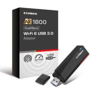 edimax wi-fi 6 ax1800 usb 3.0 adapter | dual band, 1201mbps (5ghz), 573mbps (2.4ghz) | mu-mimo + ofdma for lower latency and multiple streams | windows 10/11 support | ew-7822umx