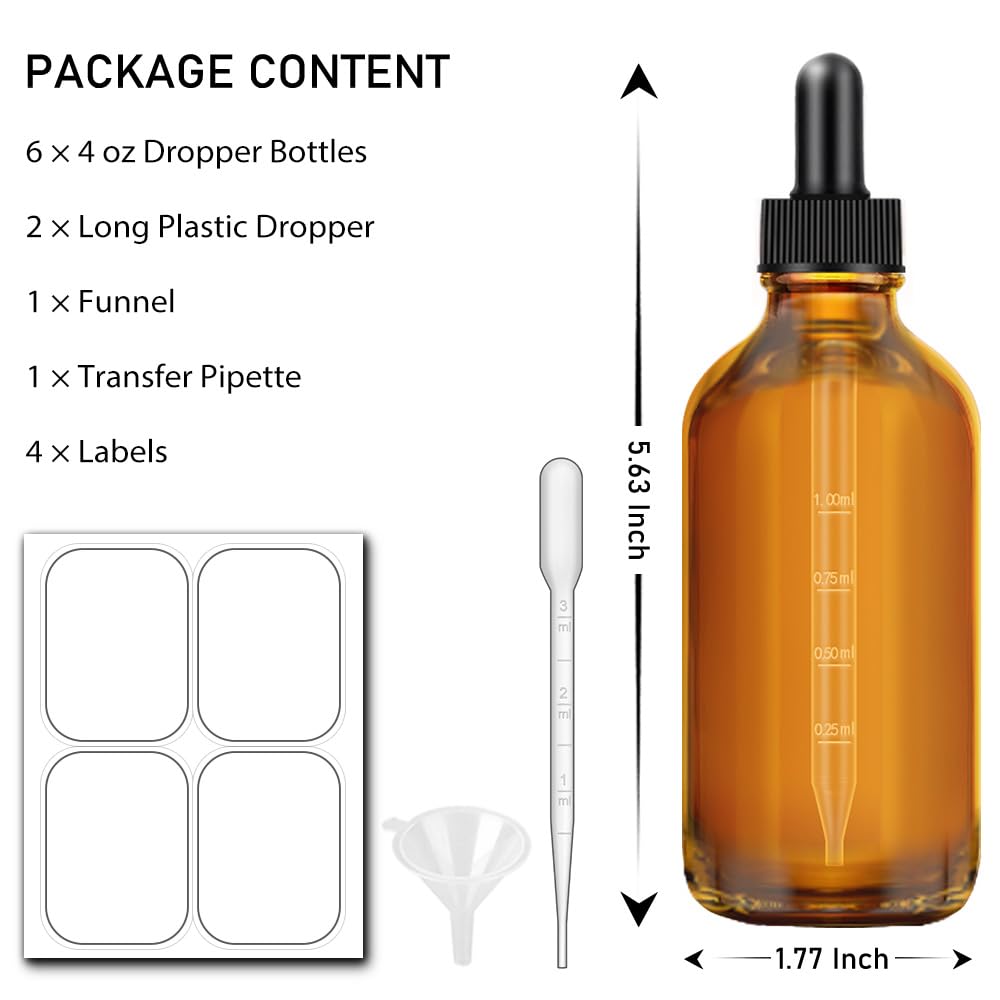 Bumobum 6 Pack, 4 oz Dark Amber Dropper Bottles with Measured Dropper, Glass Eye Dropper Bottle for Essential Oils with Funnel, Labels & Pipette, Droppers for Oils (Unbreakable Plastic Eye Dropper)