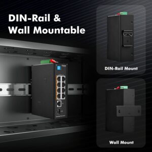 MokerLink 10 Port PoE Industrial Din Rail Switch, 8 Ports PoE+ 100Mbps IEEE802.3af/at, 1 Gigabit Ethernet and 1 SFP Uplink, Vlan & Extend Mode, DIN-Rail & Wall Mount