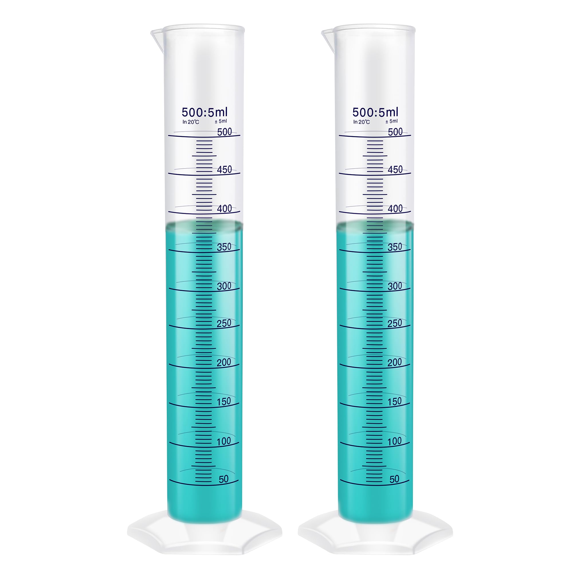 LABINVO 500ml Graduated Cylinder Set, 2pcs of Blue Printed Plastic Measuring Cylinders, Hexagonal Base, with Spout, IN-MC500