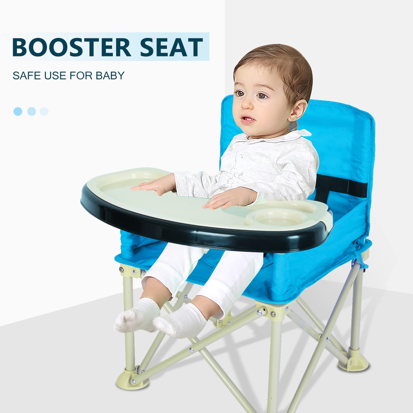 Travel Booster Seat & Activity Chair Folding Portable High Chair for Eating Dining, Camping, Park, Beach or Grandma Use, 2 Oversized Removable Tray with Cup Holder for 6-36 Months Baby(Lvory