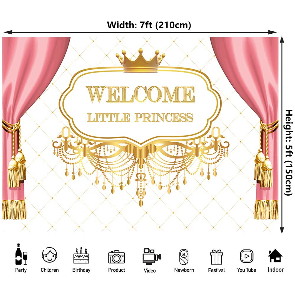 Royal Princess Baby Shower Backdrop Welcome Little Princess Birthday Party Photography Backdrop Pink Curtain Golden Crown Background Baby Little Girls Shower Decorations 7x5ft (Pink Princess)