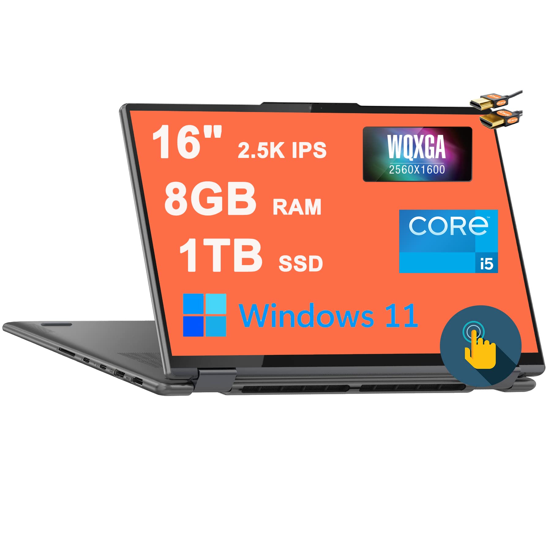 Lenovo Yoga 7i 16 2-in-1 Laptop 16" 2.5K Touchscreen (400 nits 100% sRGB TÜV Low Blue Light) 12th Gen Intel 12-Core i5-1240P 8GB RAM 1TB SSD Backlit Fingerprint Thunderbolt Win11 Grey + HDMI Cable