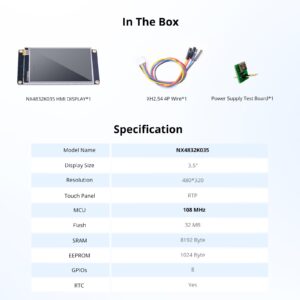 Nextion 3.5″ Enhanced HMI Display Module NX4832K035 Resistive LCD-TFT Touch Screen 480 * 320, Nextion Display with RTC Function and 8 Digital GPIOs, Suitable for 3D Printers, Vehicle HMI, etc.