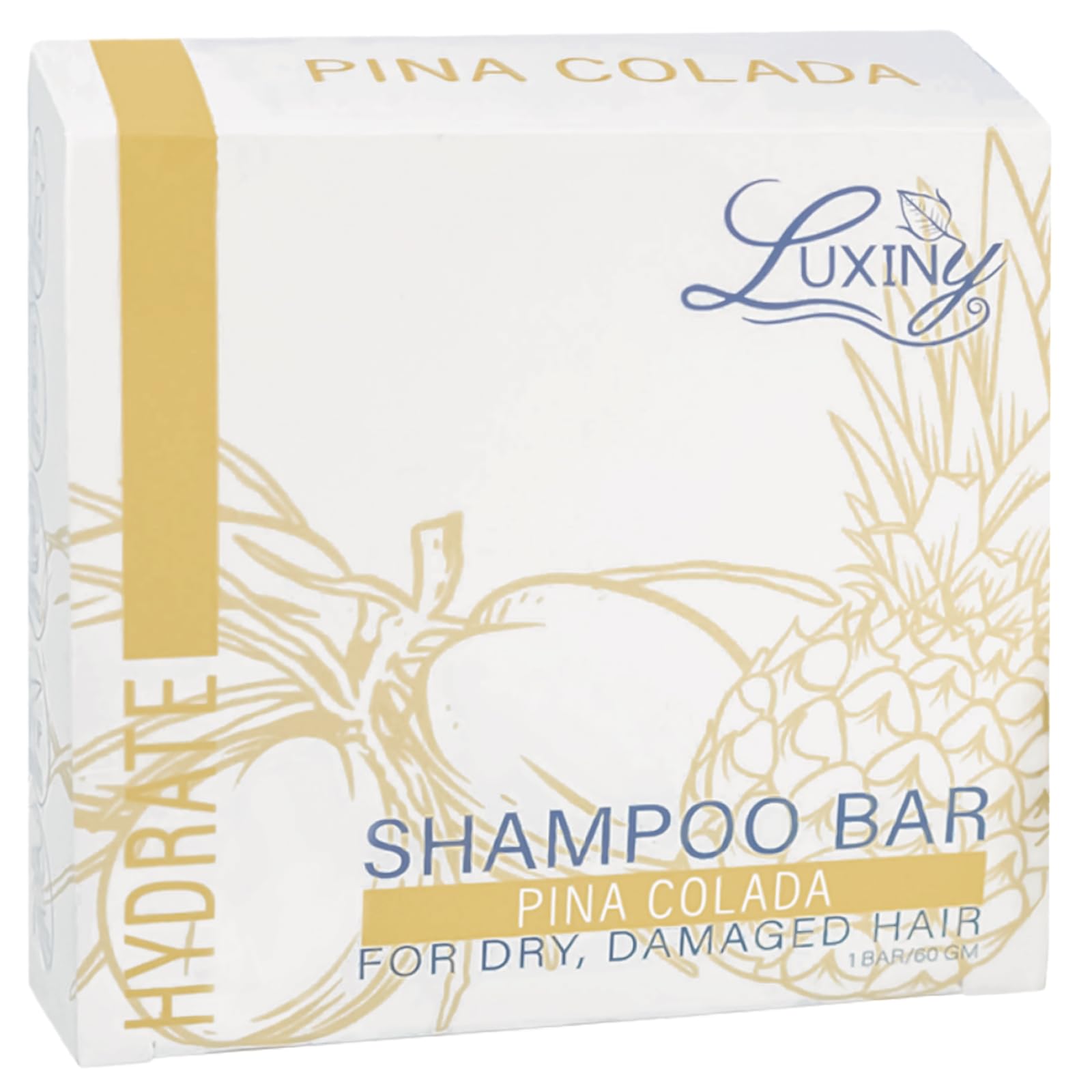 Luxiny Pina Colada Shampoo Bar for Dry Damaged Hair is Vegan, Sulfate free and Made in the USA. Get up to 60 washes at home or great as a travel shampoo.