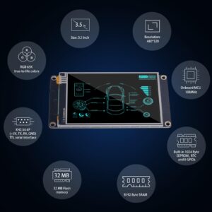 Nextion 3.5″ Enhanced HMI Display Module NX4832K035 Resistive LCD-TFT Touch Screen 480 * 320, Nextion Display with RTC Function and 8 Digital GPIOs, Suitable for 3D Printers, Vehicle HMI, etc.