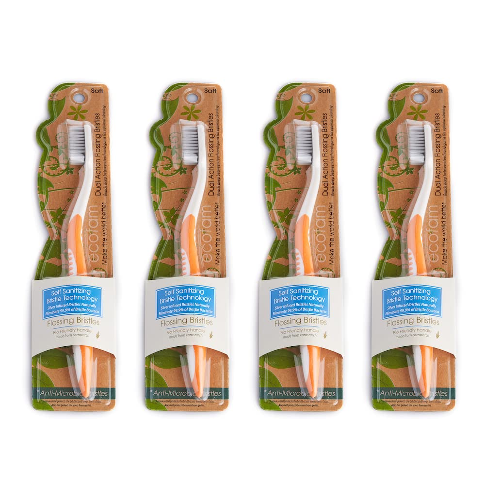 ECOFAM Earth Friendly Compostable Adult Manual Toothbrushes - Silver Infused Soft Bristle Toothbrush (4 Pack) (Orange)