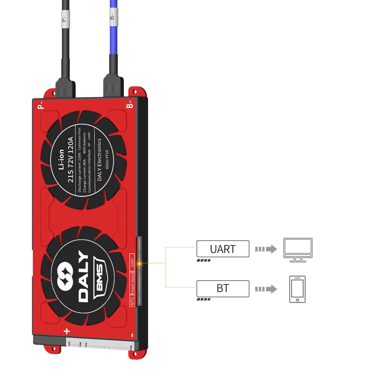 DALY Smart BMS Li-ion 21S 72V 120A PCB Battery Protection Board with UART Communication Bluetooth Battery Monitoring Module for Lithium Battery Pack Rated 3.7V